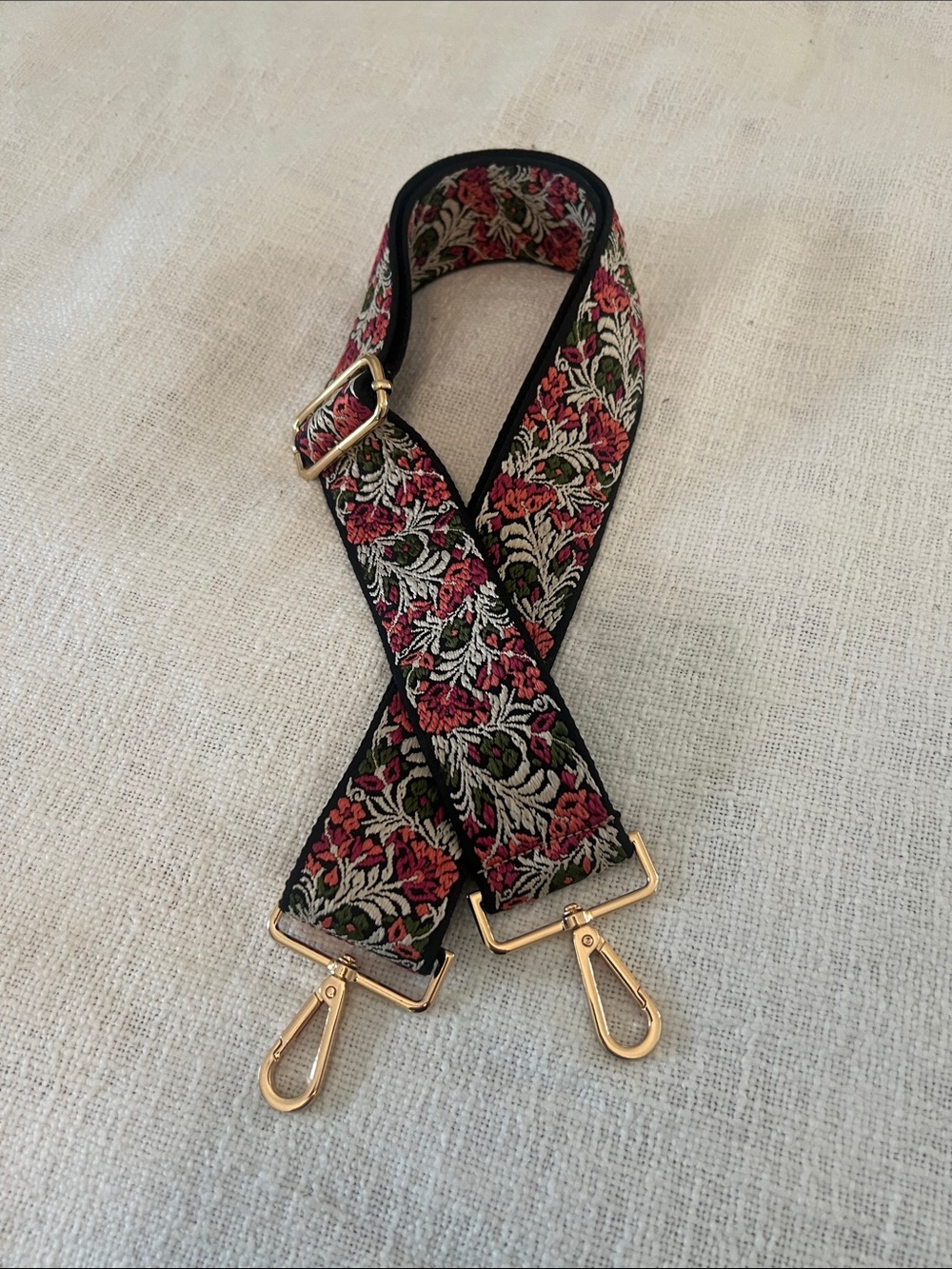 Floral Embroidered Adjustable Bag Strap in Black and Pink NWOT